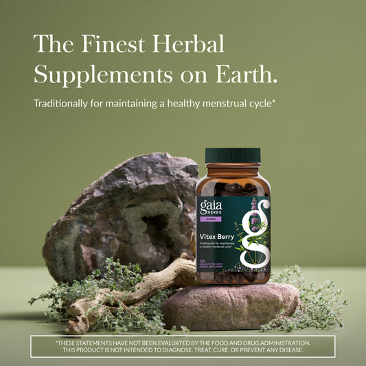 Gaia Herbs Vitex Berry bottle side showing serving size for hormonal balance.