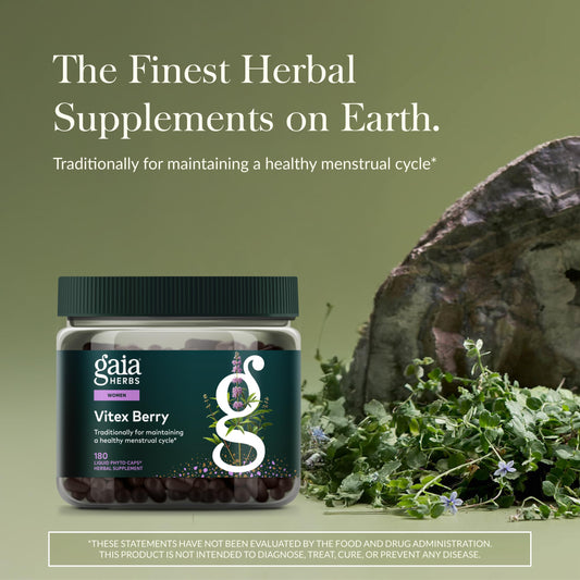 Gaia Herbs Vitex Berry caps closeup for easy daily supplementation and routine.