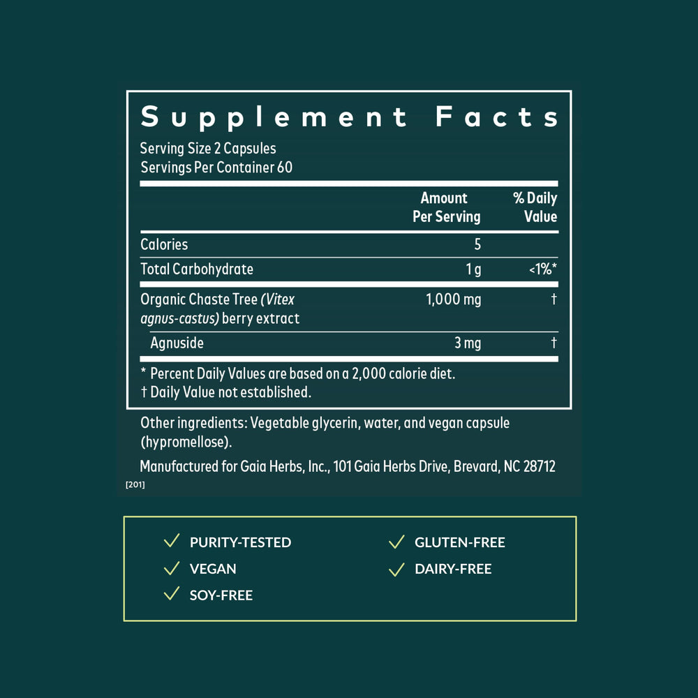 Gaia Herbs Vitex Berry capsules closeup highlighting vegan liquid phyto-cap format.