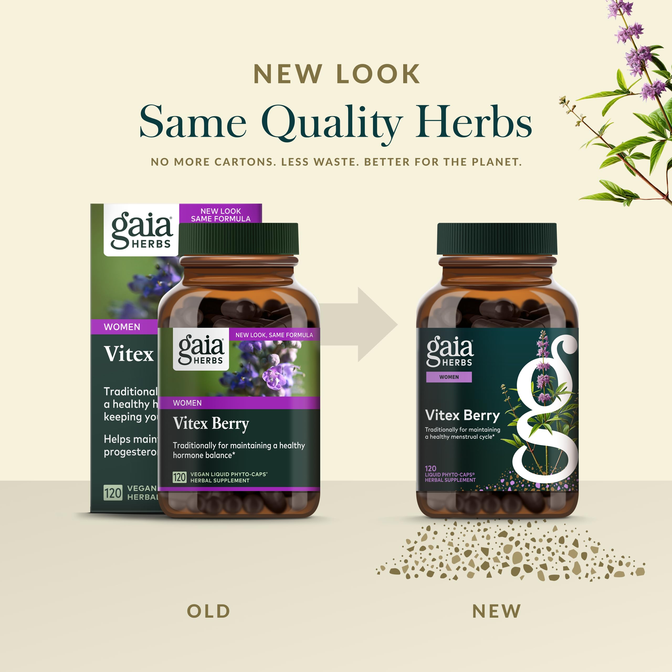 Gaia Herbs Vitex Berry bottle with cap in natural light signaling freshness.