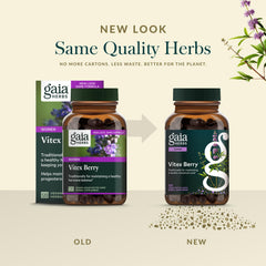 Gaia Herbs Vitex Berry bottle with cap in natural light signaling freshness.