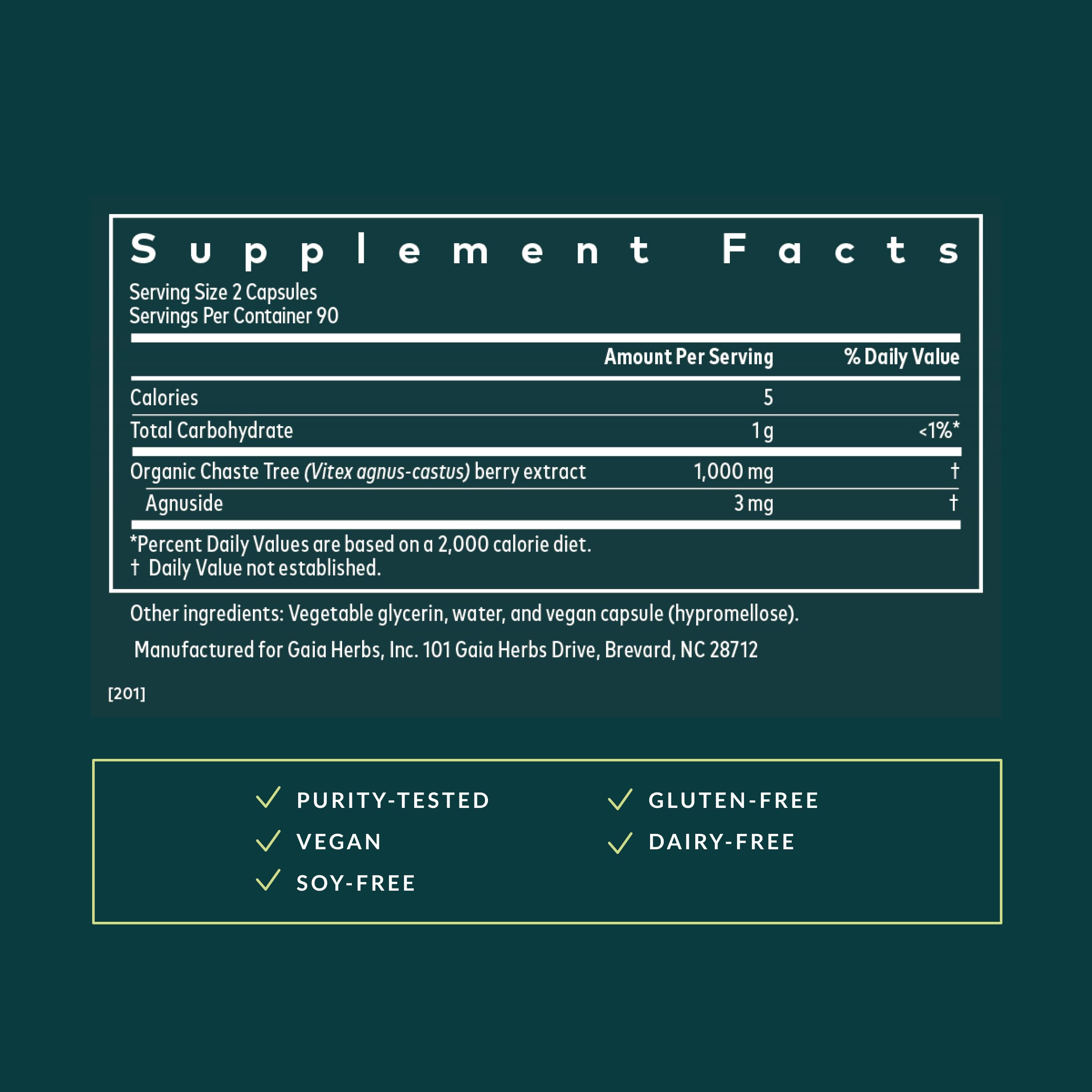 Gaia Herbs Vitex Berry label detail emphasizes ingredient transparency for informed choices.