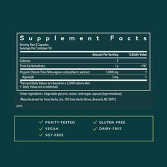 Gaia Herbs Vitex Berry label detail emphasizes ingredient transparency for informed choices.