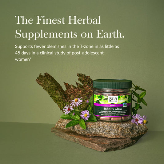 Gaia Herbs Infinity Glow bottle back with usage and ingredients notes