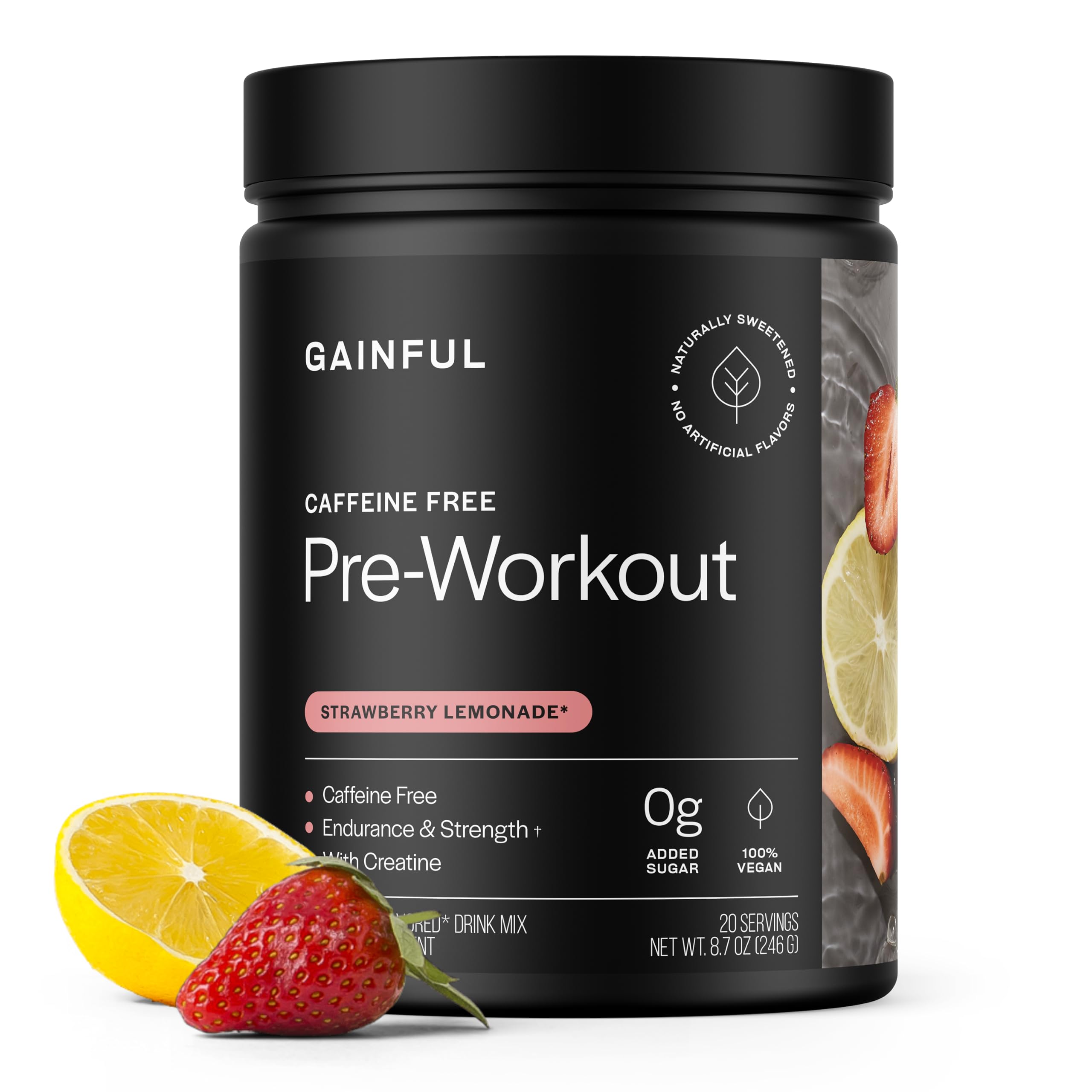 Gainful caffeine-free pre-workout strawberry lemonade tub ready for workouts with clean energy.