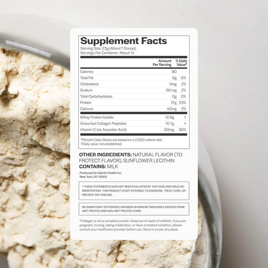 Gainful collagen whey ingredients view shows grass-fed collagen peptides for joints and skin hydration