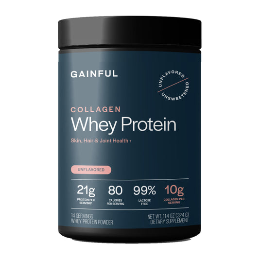 Gainful collagen whey unflavored bottle pour demonstrates a clean, versatile protein base for daily recovery