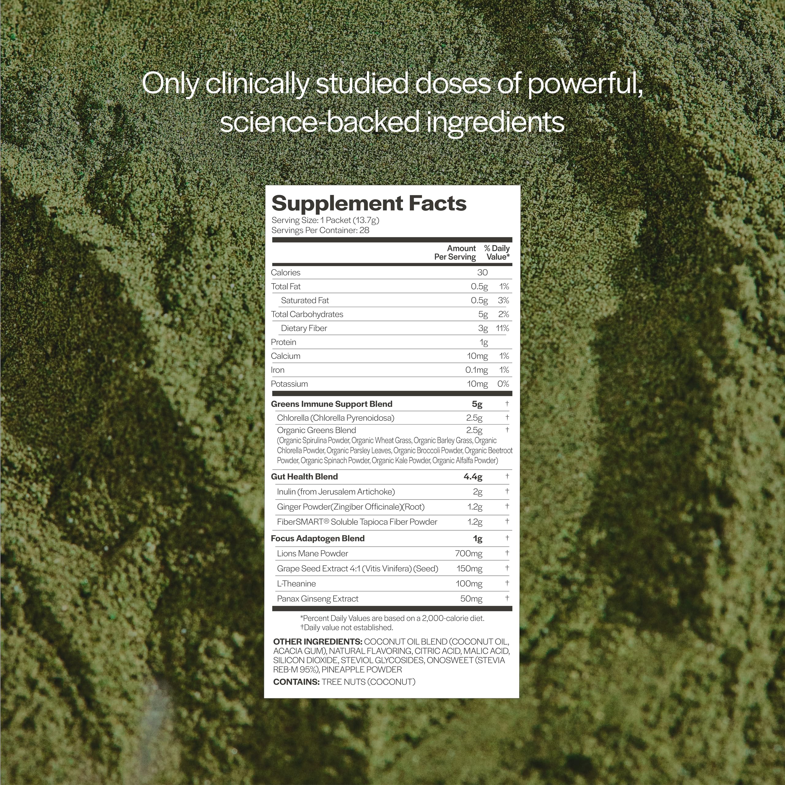 Gainful travel-pack sachets on a countertop illustrate quick, convenient greens routine.