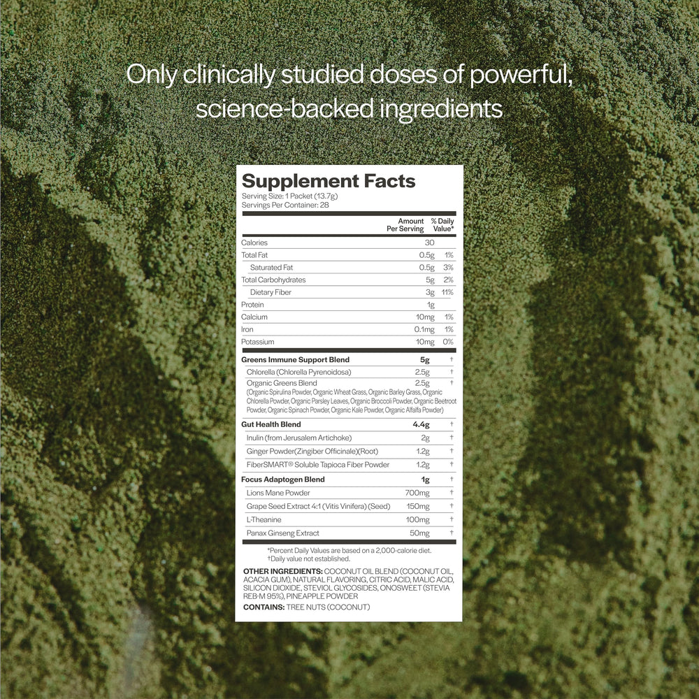 Gainful travel-pack sachets on a countertop illustrate quick, convenient greens routine.