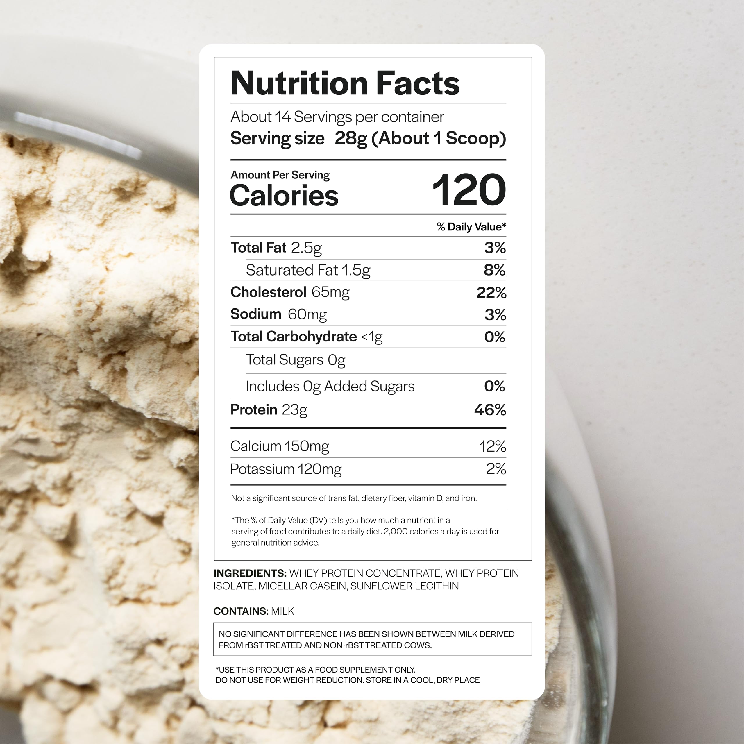 Gainful Everyday Whey Bundle tub label close-up shows no artificial flavors or dyes.