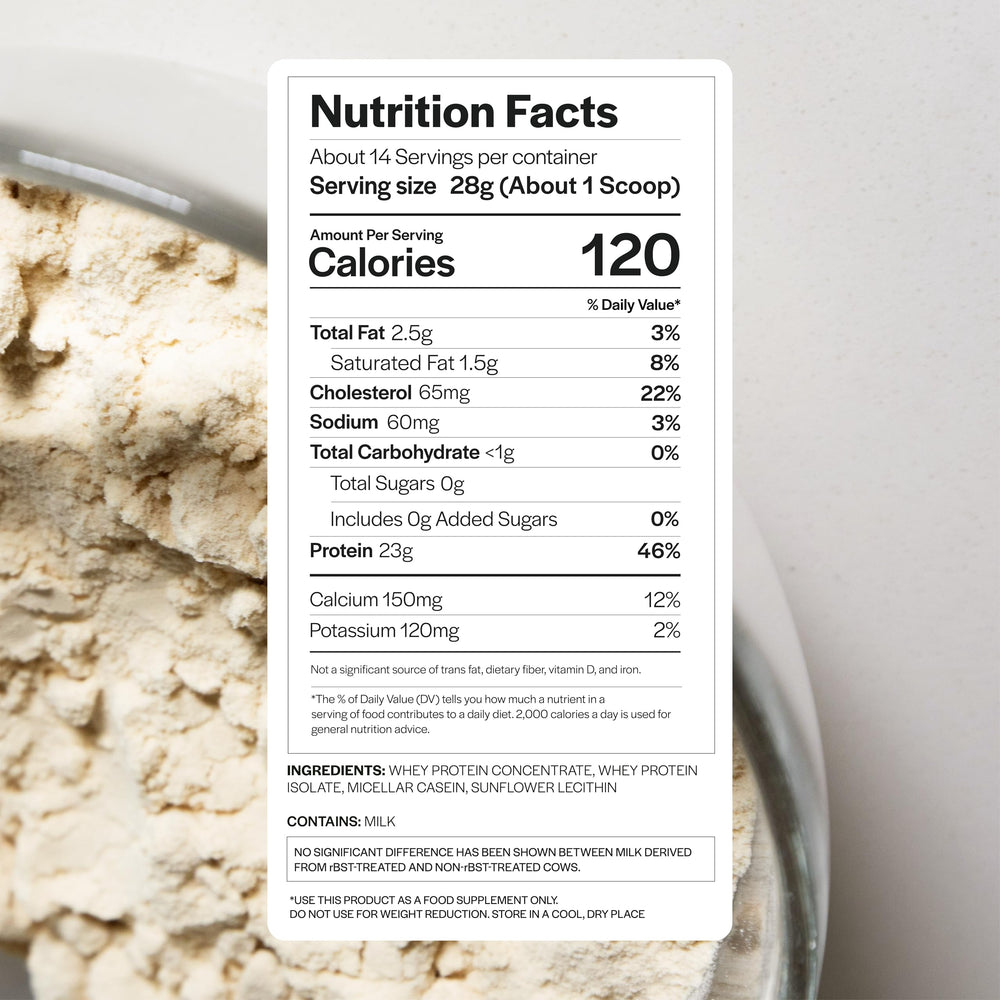 Gainful Everyday Whey Bundle tub label close-up shows no artificial flavors or dyes.