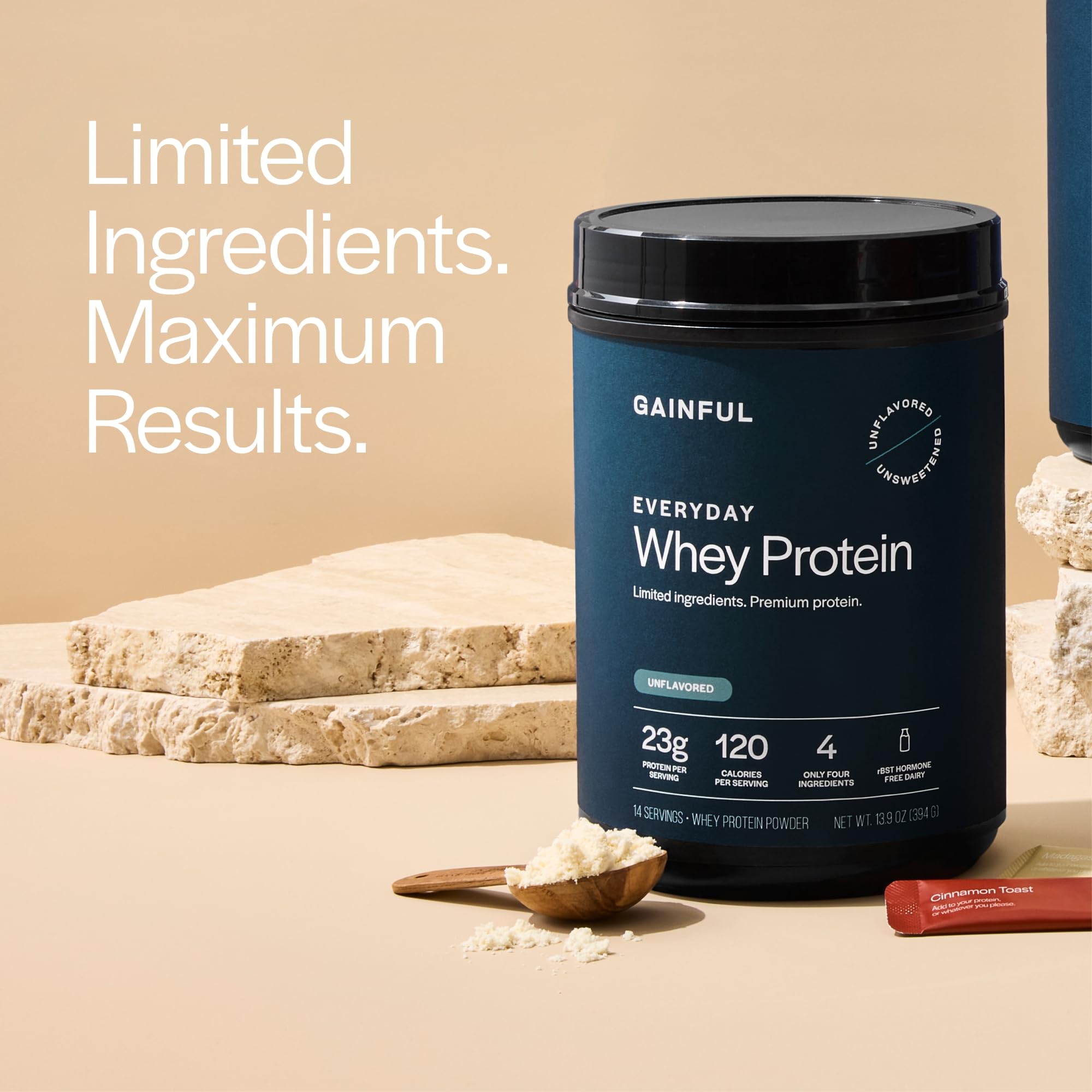 Gainful Everyday Whey shaker bottle shows quick dissolving protein for on-the-go.