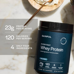 Gainful Everyday Whey unflavored powder offers versatile pairing with flavor packets.