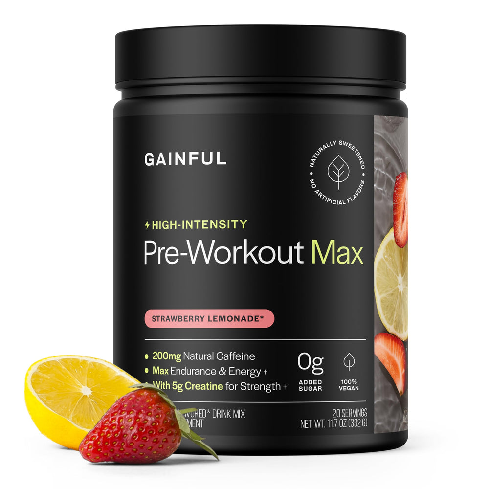 Gainful high intensity pre workout canister with strawberry lemonade boosts energy for tough sessions