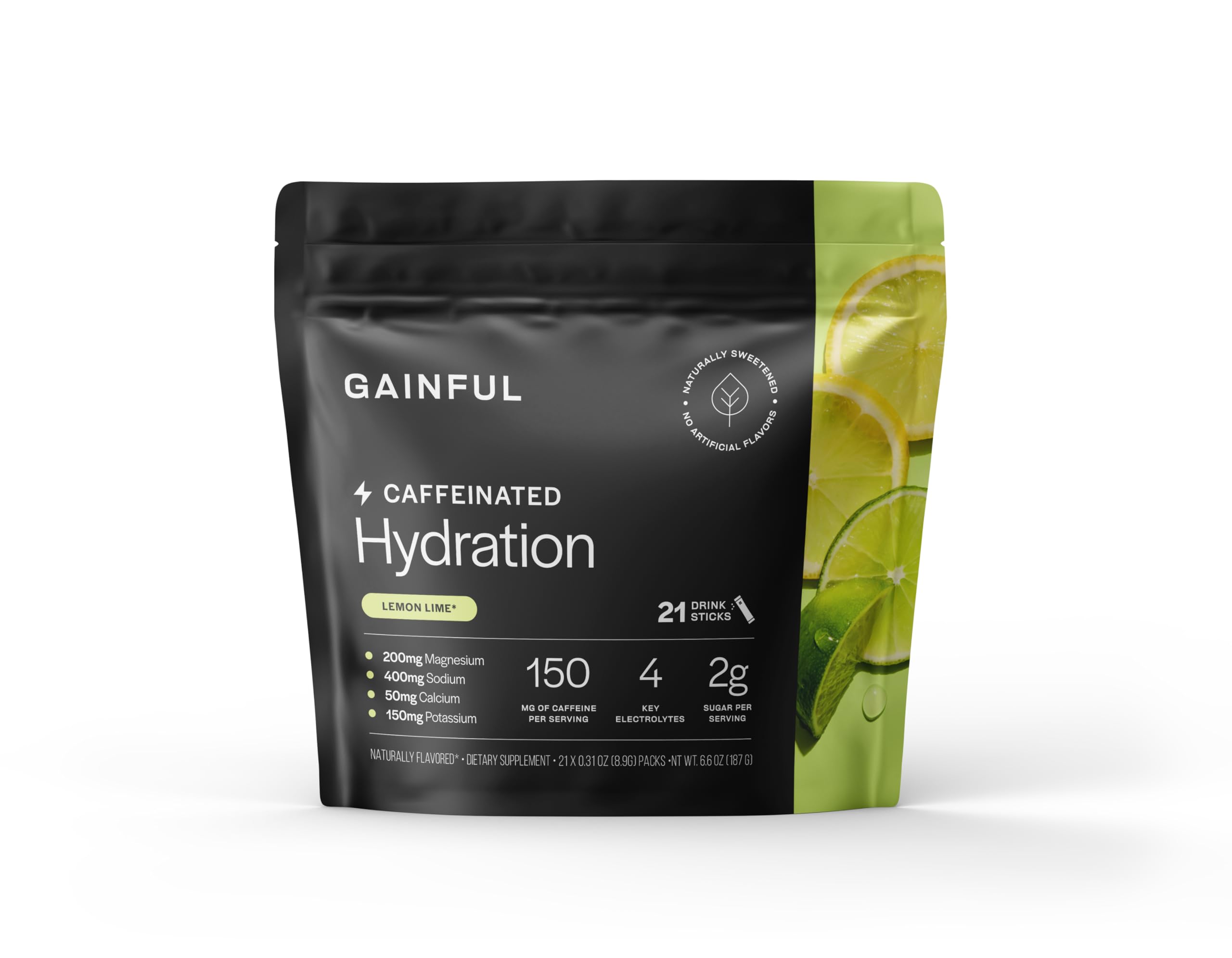 Gainful hydration caffeine packet close-up highlighting lemon-lime flavor for on-the-go hydration.