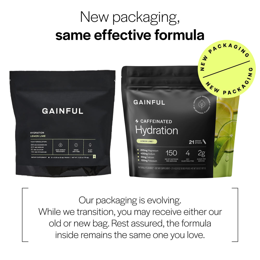 Gainful hydration caffeine pack beside water bottle for workouts.