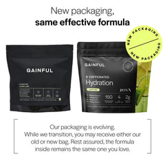 Gainful hydration caffeine pack beside water bottle for workouts.