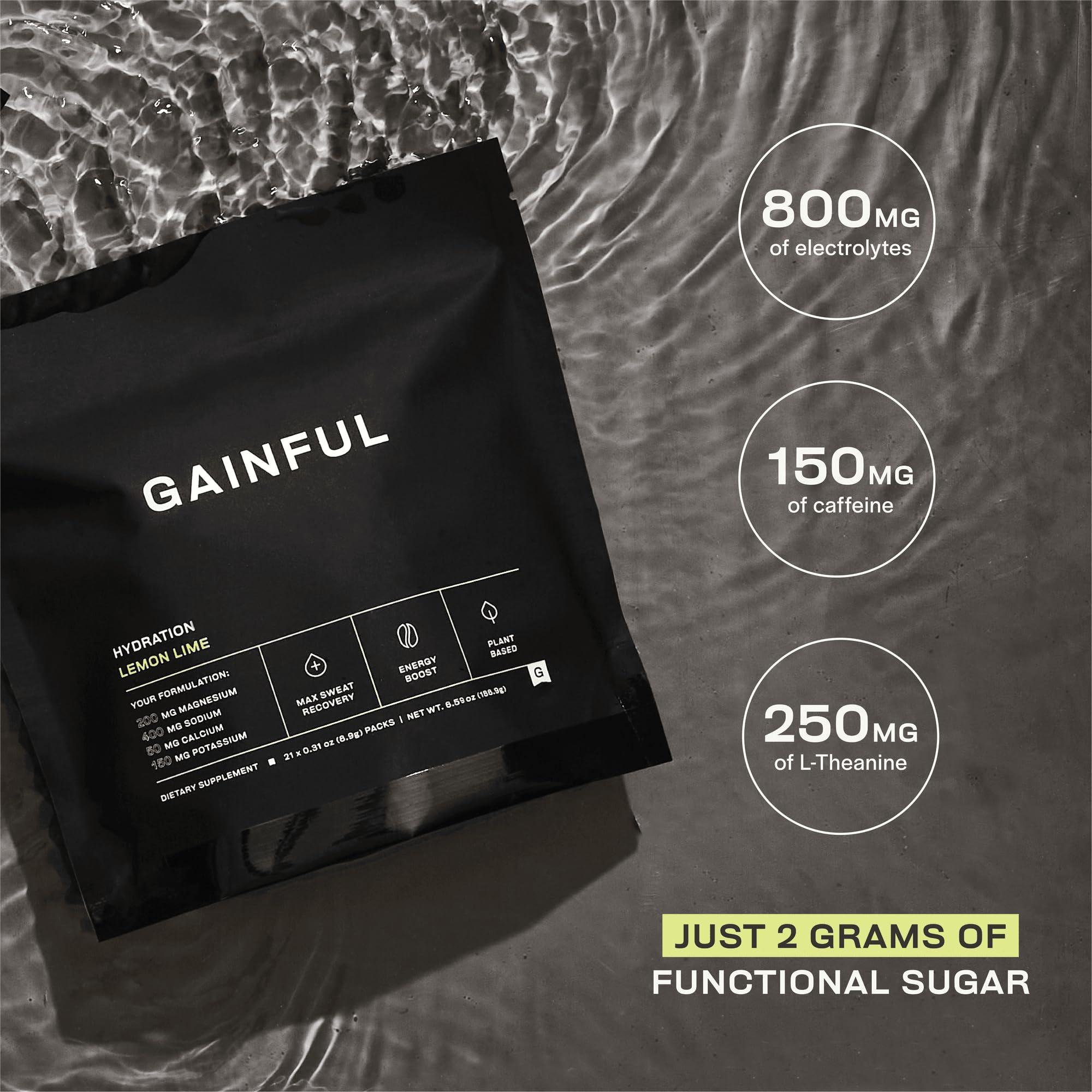 Gainful hydration caffeine packet and scoop on a kitchen counter.