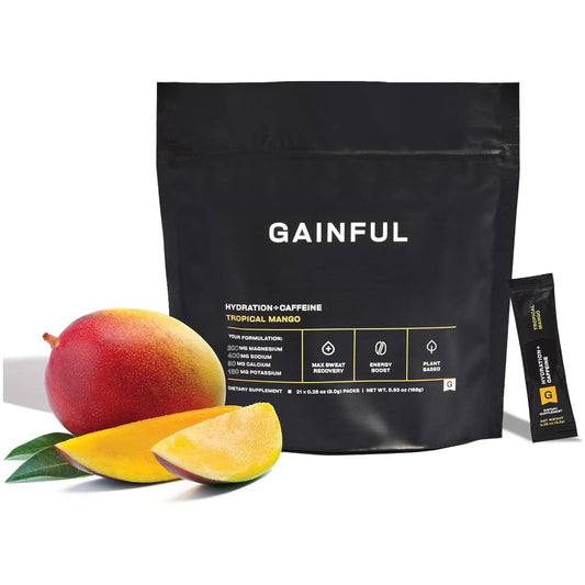 Gainful Hydration caffeine packet in Tropical Mango ready to mix for workouts.