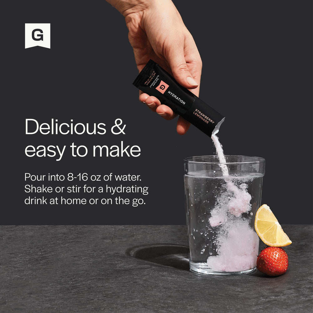 Gainful Hydration + Caffeine strawberry-lemonade packet on package.