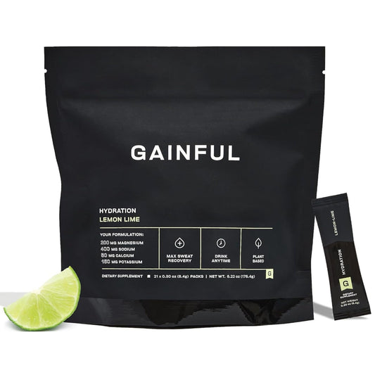 Gainful Hydration Lemon Lime packet shown for quick daily hydration during workouts.