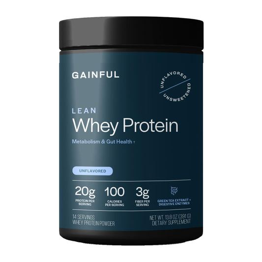 Gainful Lean Whey container shown for convenient 20 g protein per serving.