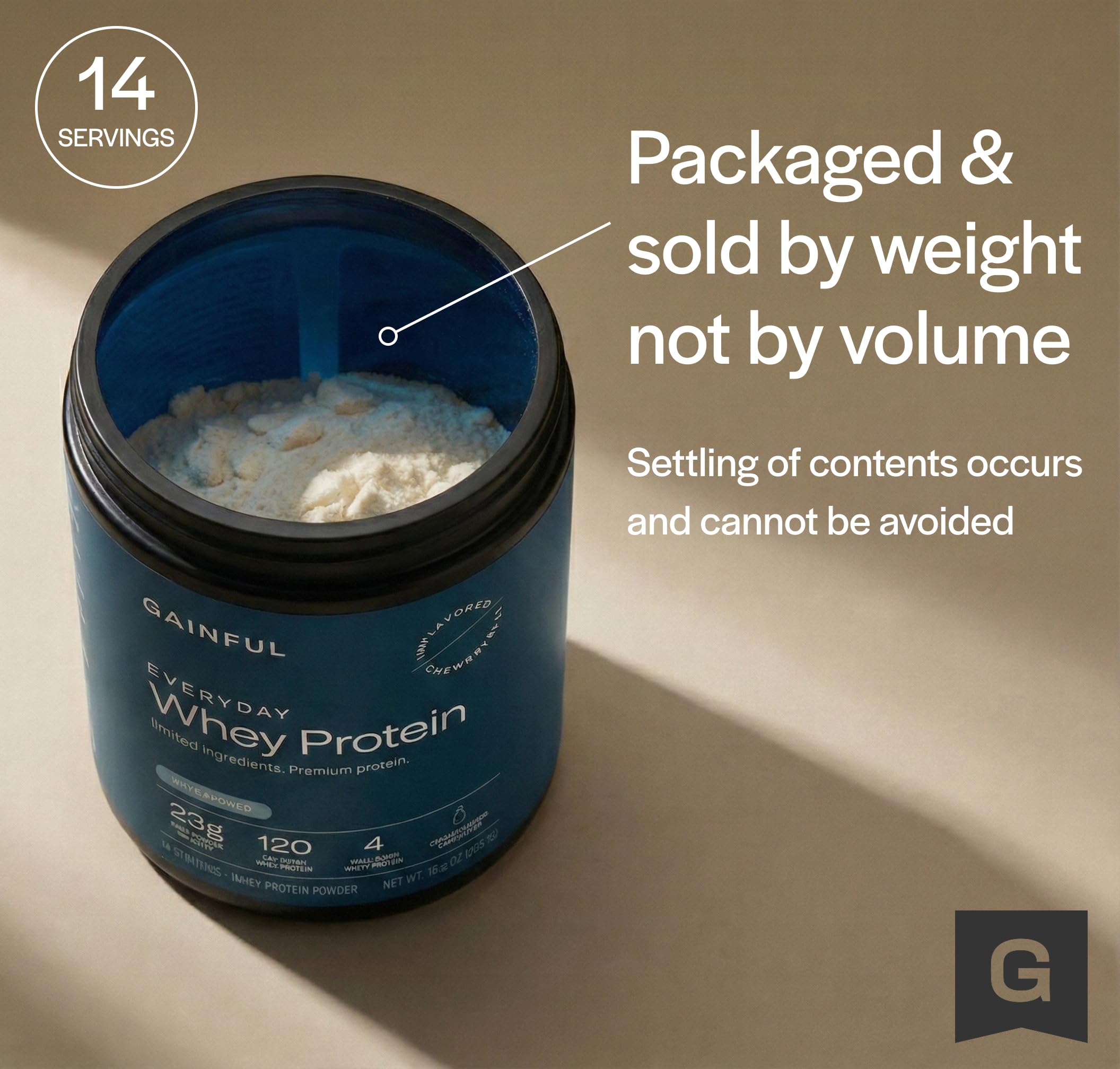 Gainful Lean Whey unflavored powder, versatile in any beverage.