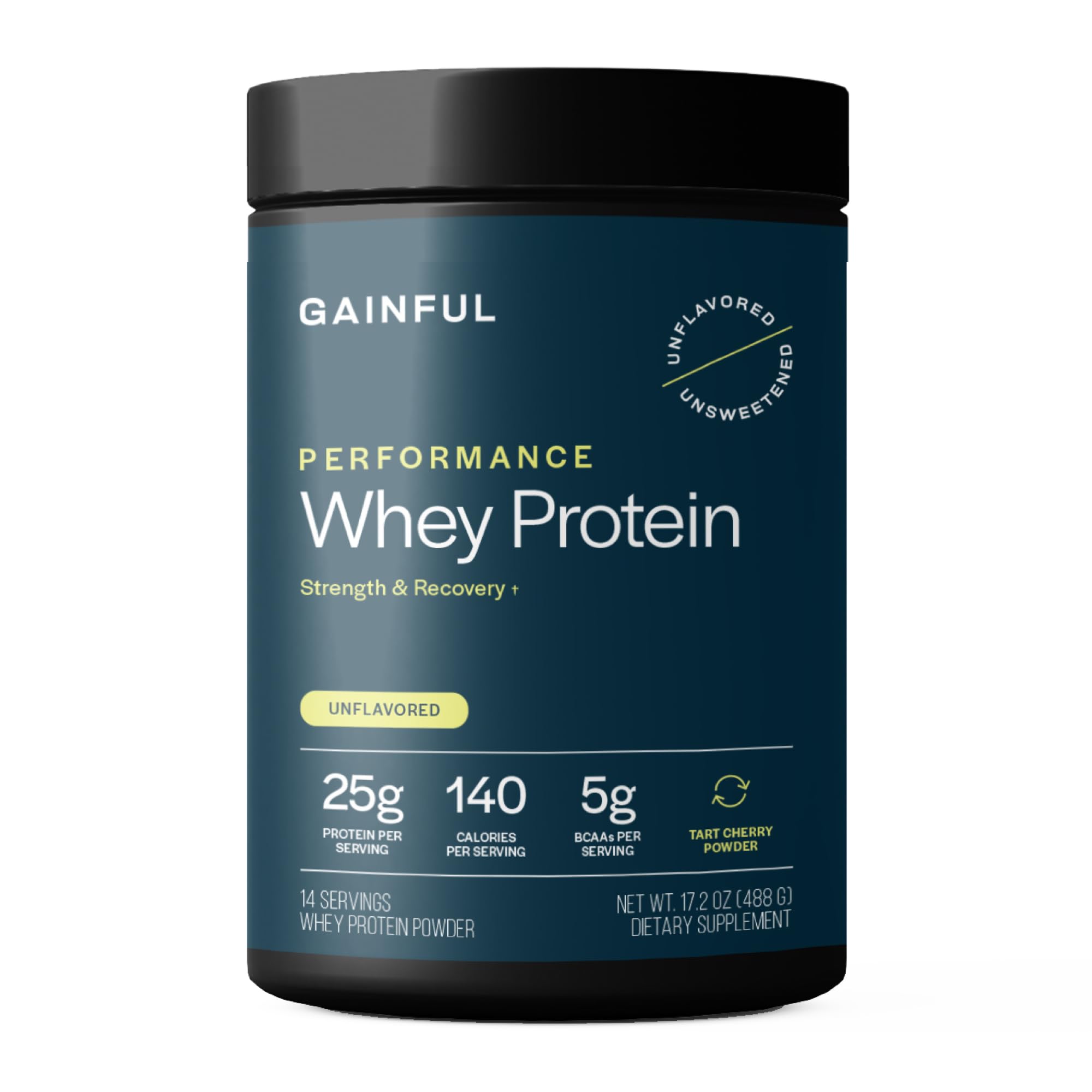 Gainful Performance Whey protein bottle on counter ready to support daily muscle recovery