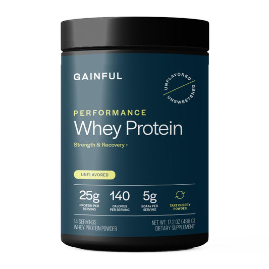 Gainful Performance Whey protein bottle on counter ready to support daily muscle recovery