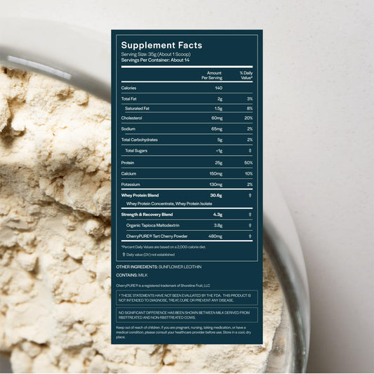 Gainful Performance Whey scoop beside bottle delivering 25g protein per serving for workouts