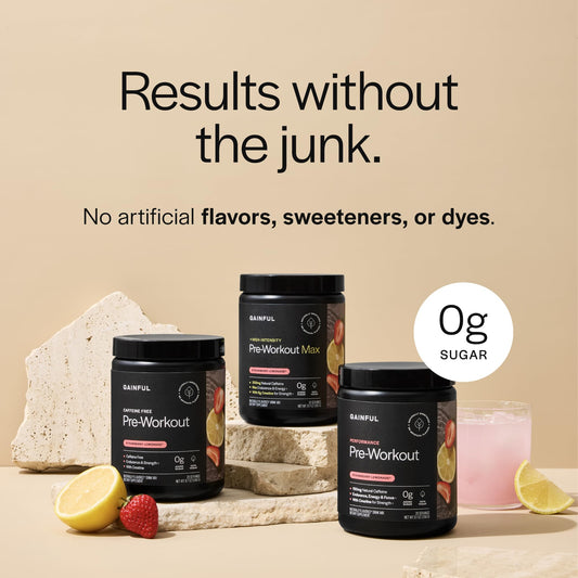 Gainful preworkout scoop beside tub for quick, flavorful training fueling.