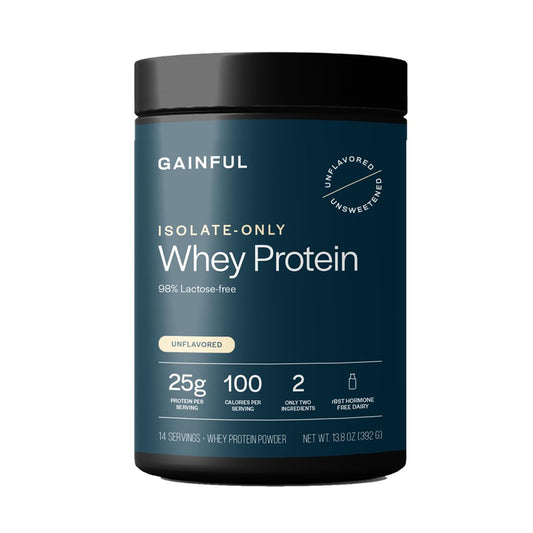 Gainful whey protein isolate tub closeup, highlighting clean ingredients and 25g protein per serving.