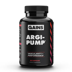 Gains in Bulk Argi-Pump bottle highlights arginine for nitric oxide support during workouts