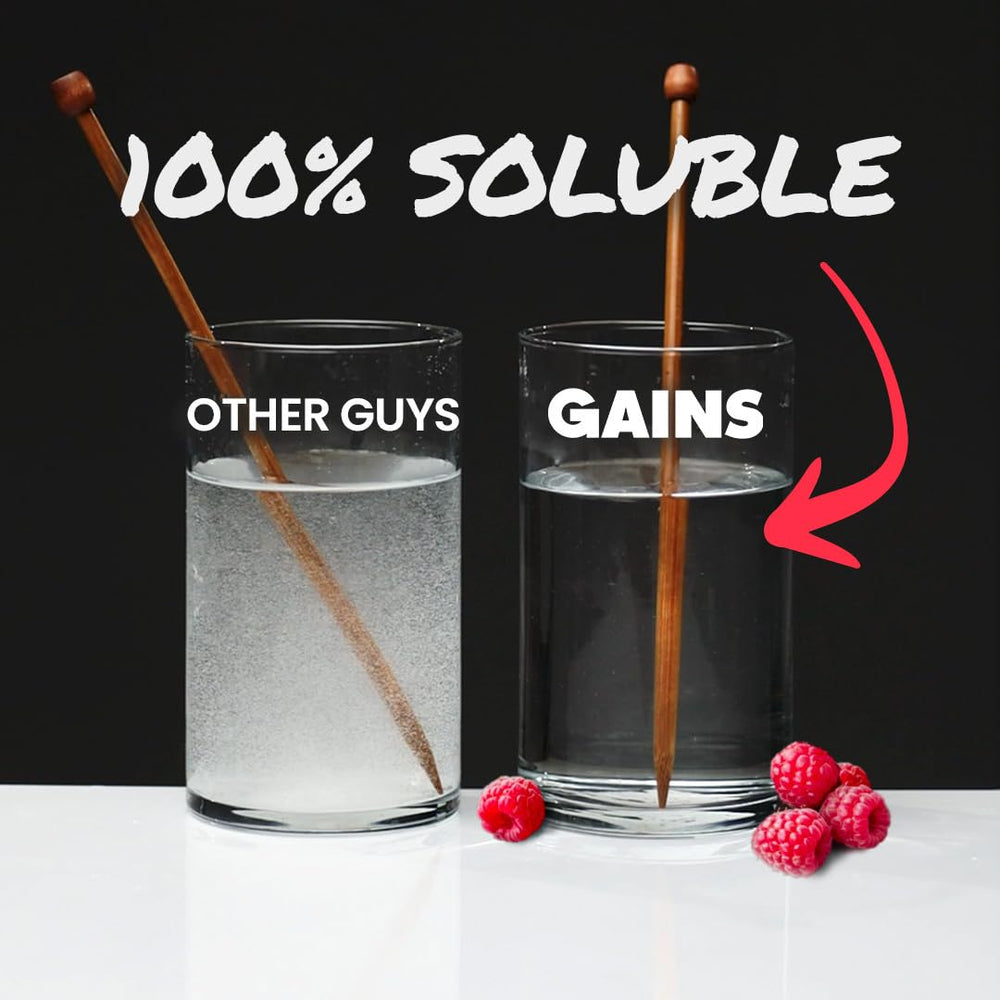 GAINS IN BULK creatine powder being stirred into water for dissolved texture