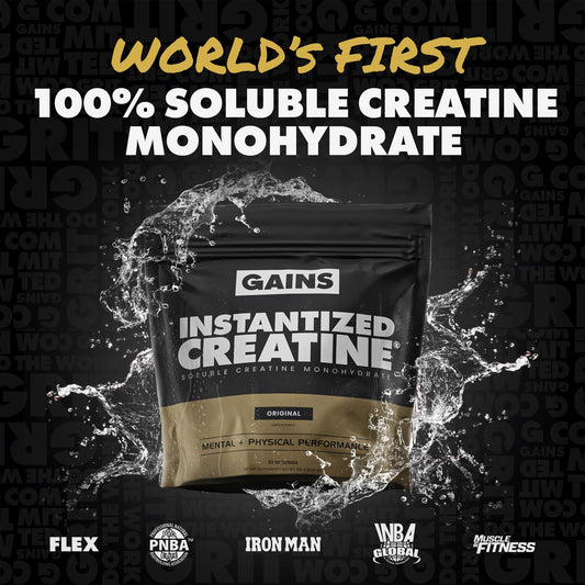 Gains in Bulk scoop pours creatine into a shaker for quick dosing