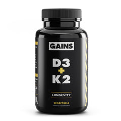 GAINS IN BULK D3 K2 algae oil softgels bottle for vegan daily wellness.