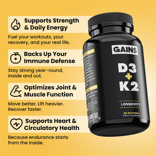 GAINS IN BULK D3 K2 softgels closeup showing easy daily dosing.