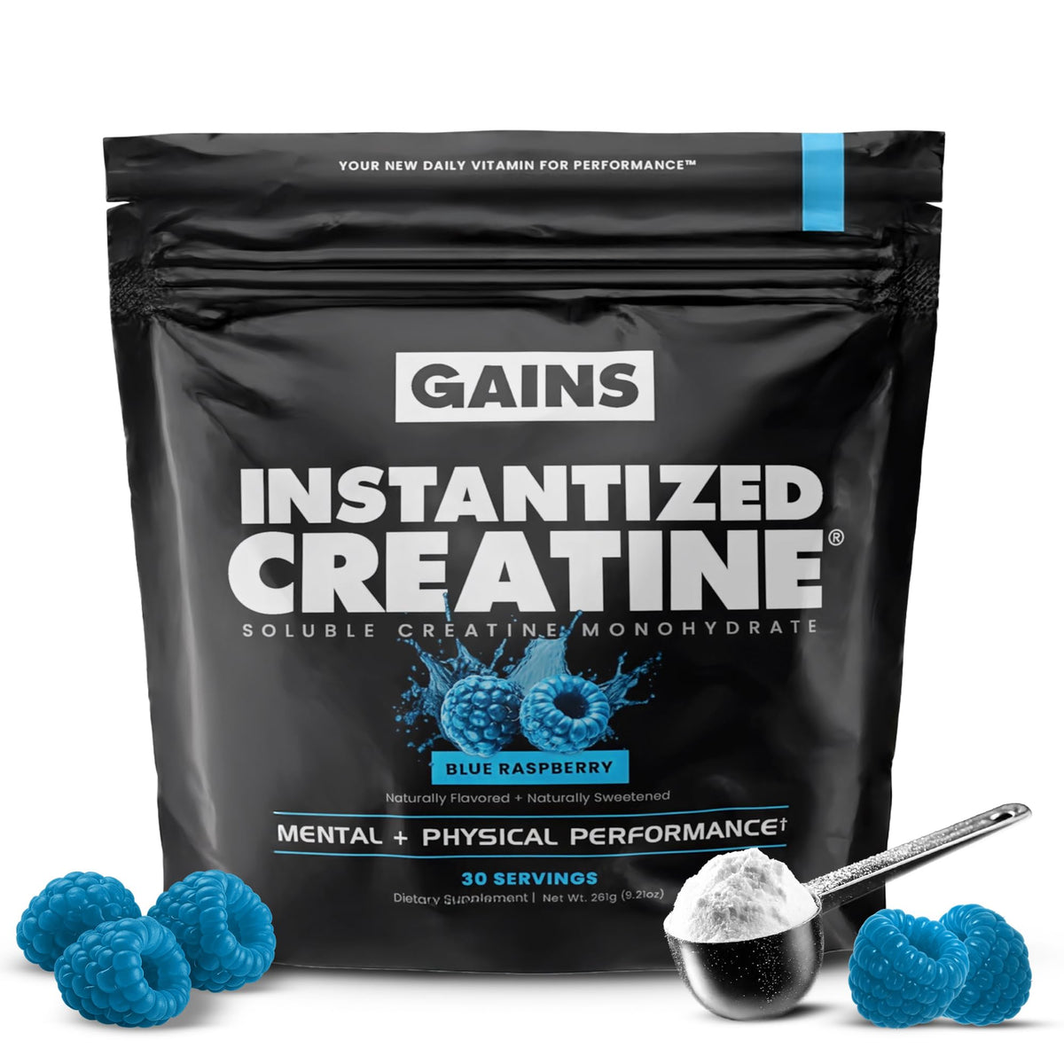 GAINS IN BULK Instantized Creatine dissolves completely in water for smooth blue raspberry shakes.