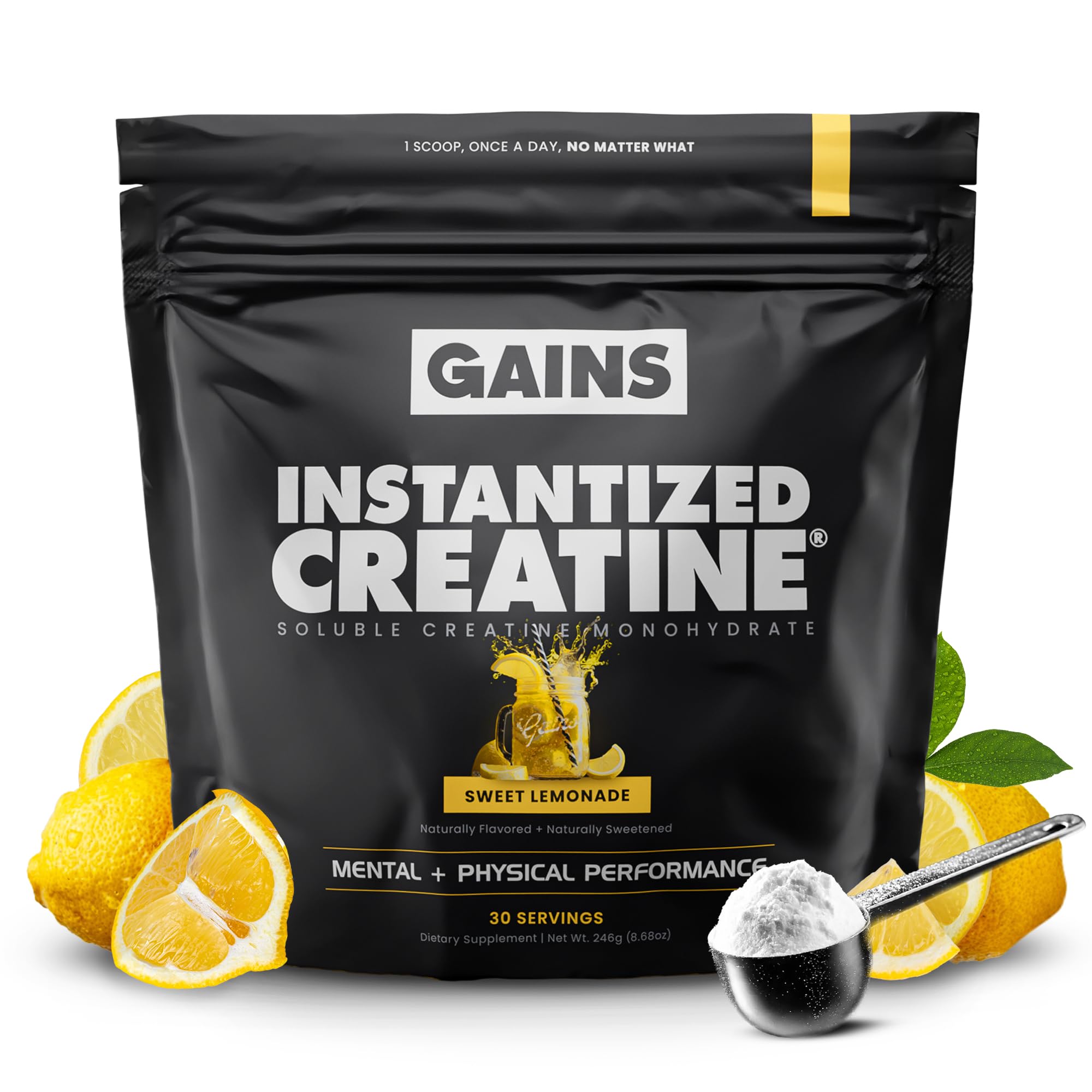 GAINS IN BULK Instantized Creatine Monohydrate Sweet Lemonade tub ready for a shake