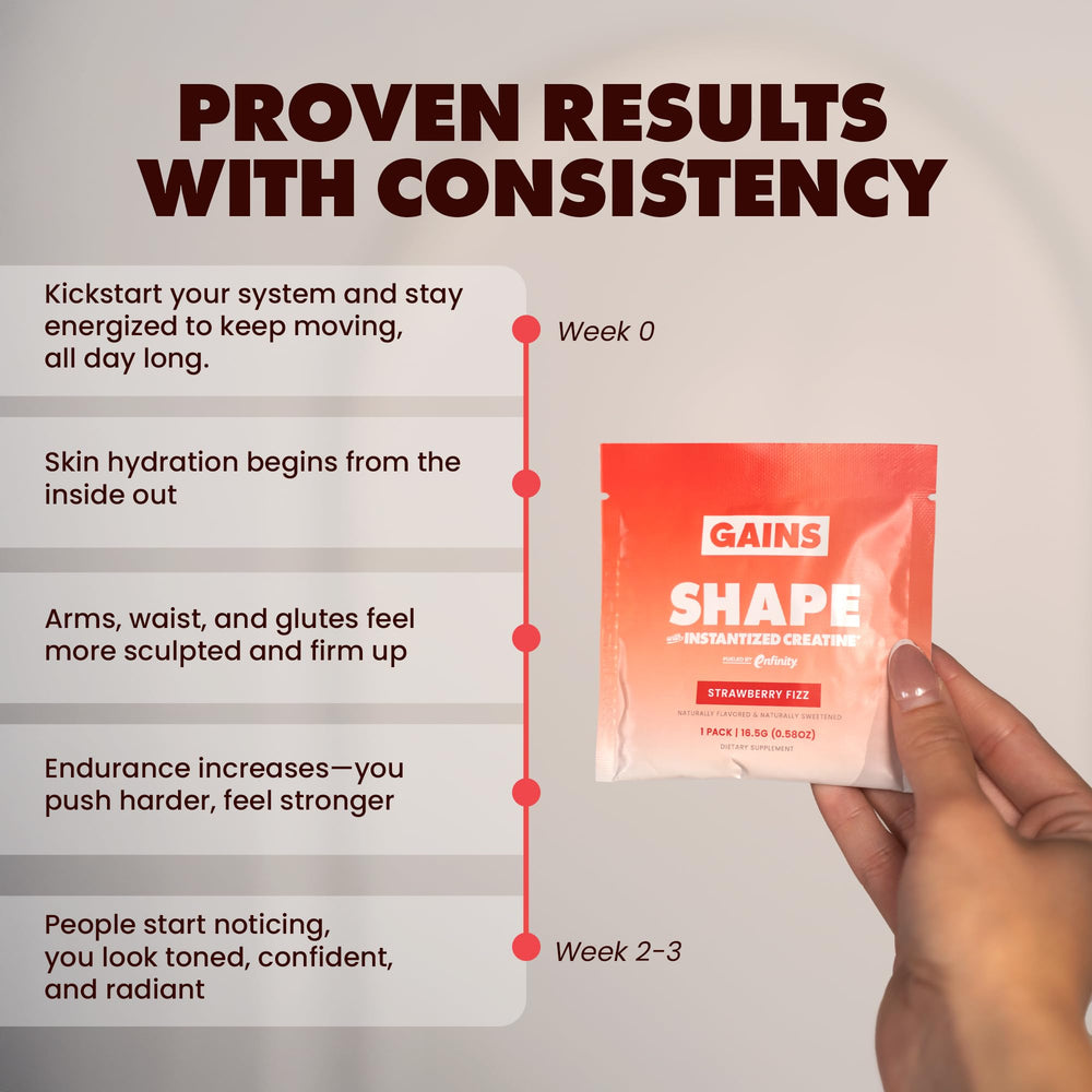 Gains in Bulk Shape Strawberry Fizz sachet opened for quick daily use