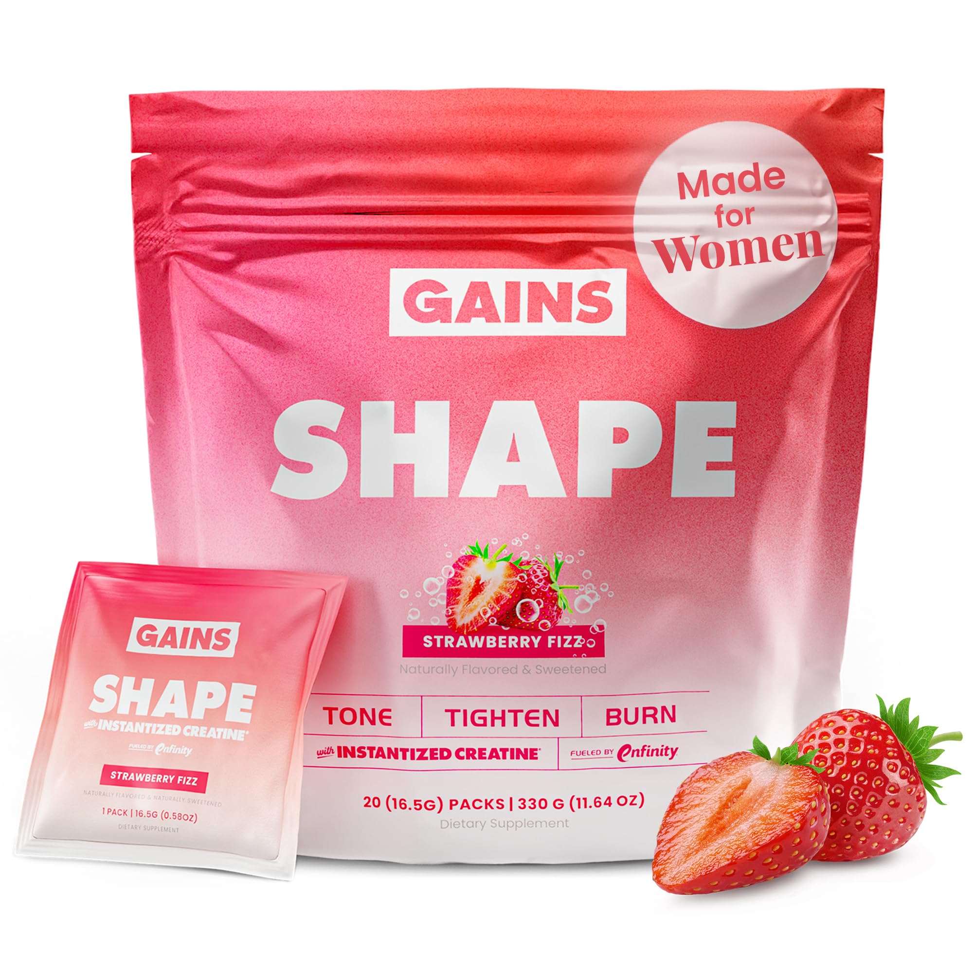 Gains in Bulk Shape Strawberry Fizz sachet held for on-the-go energy
