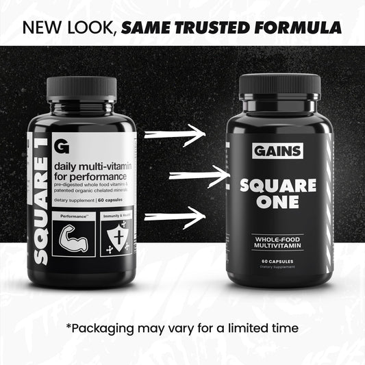 Gains in Bulk Square 1 capsules closeup highlights plant-based nutrients.