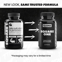 Gains in Bulk Square 1 capsules closeup highlights plant-based nutrients.