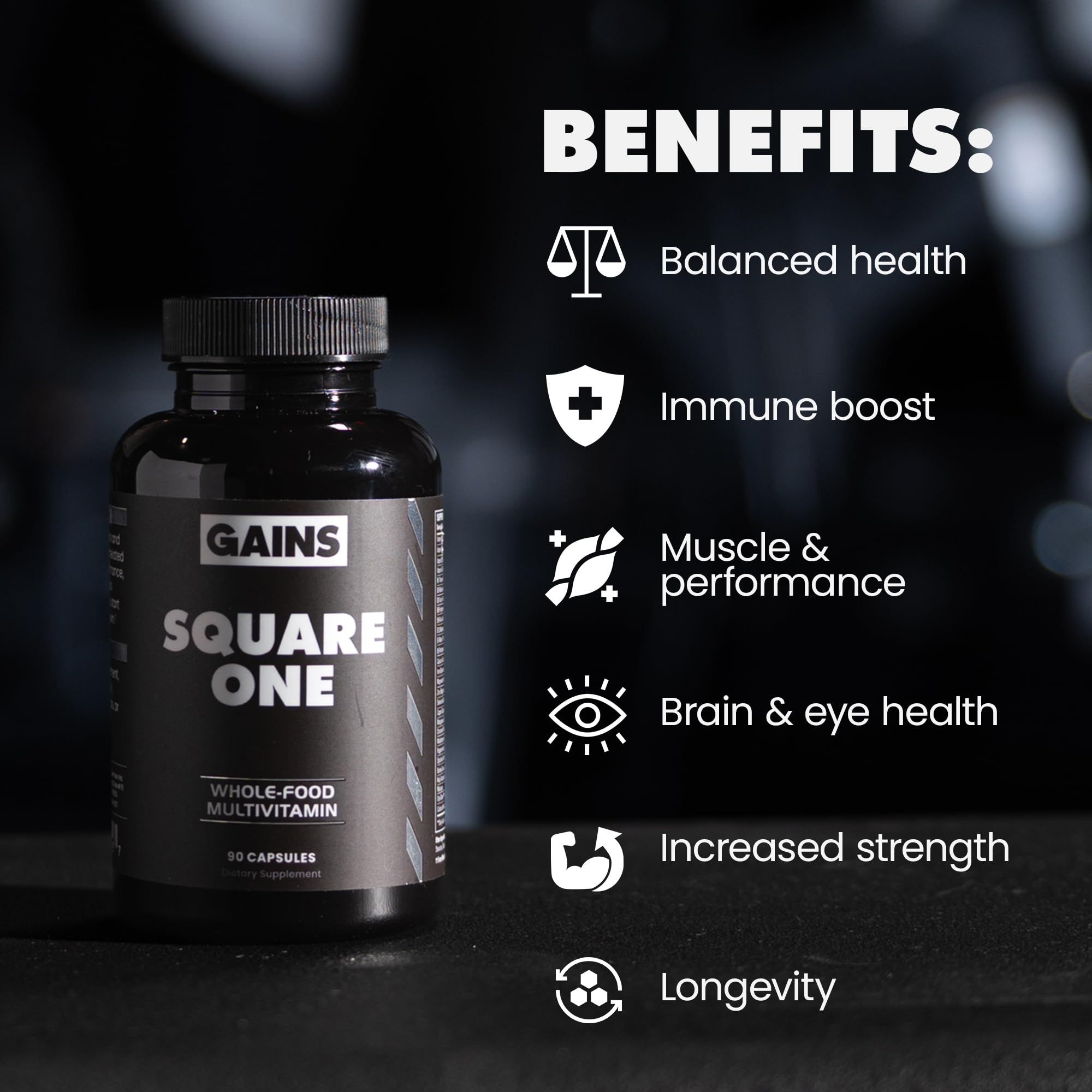 Gains in Bulk Square 1 label closeup shows whole-food vitamins and minerals.