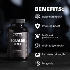 Gains in Bulk Square 1 label closeup shows whole-food vitamins and minerals.