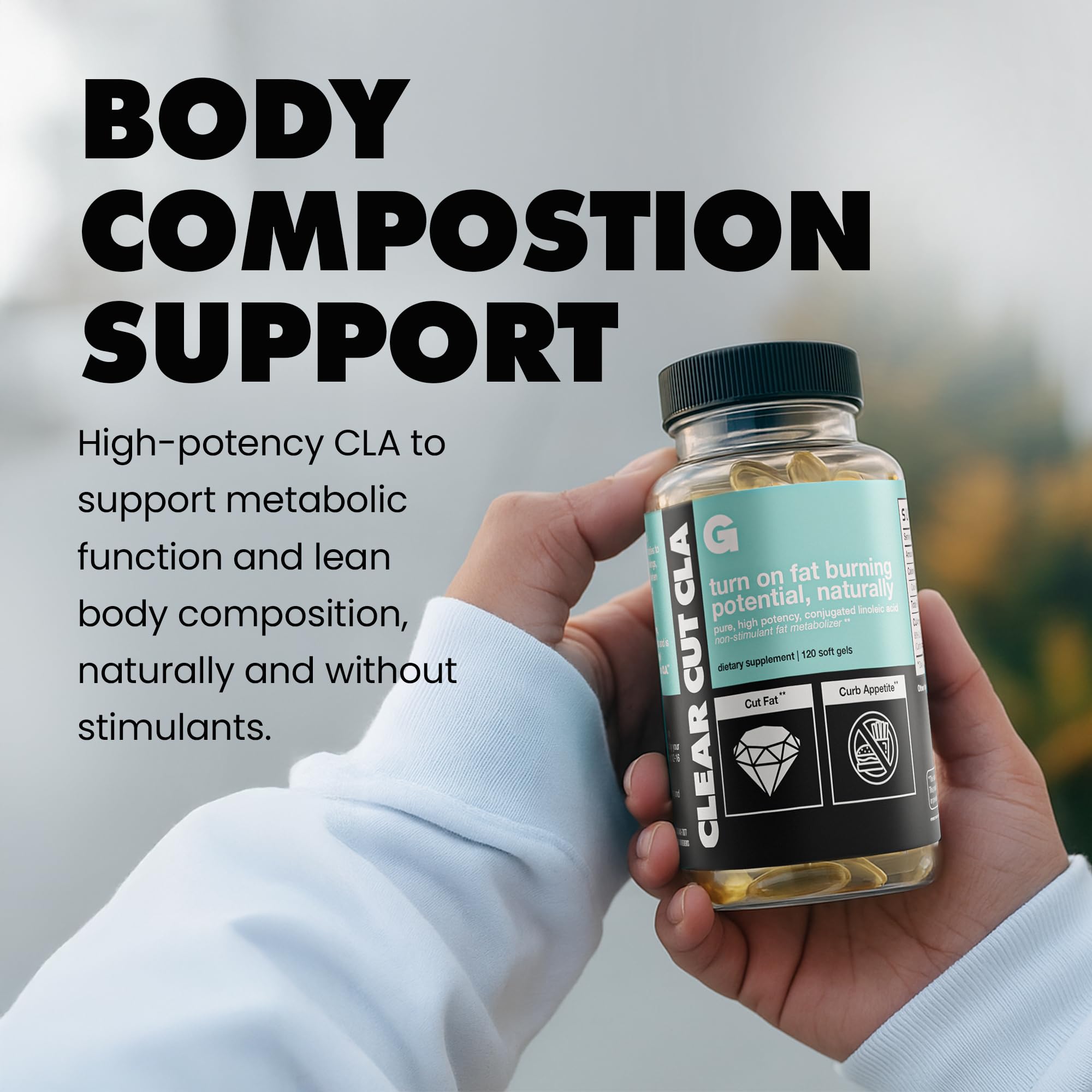 GAINS IN BULK Clear Cut CLA bottle on wood surface for lifestyle use.