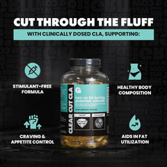 GAINS IN BULK Clear Cut CLA label highlights vegan, gluten-free certification.