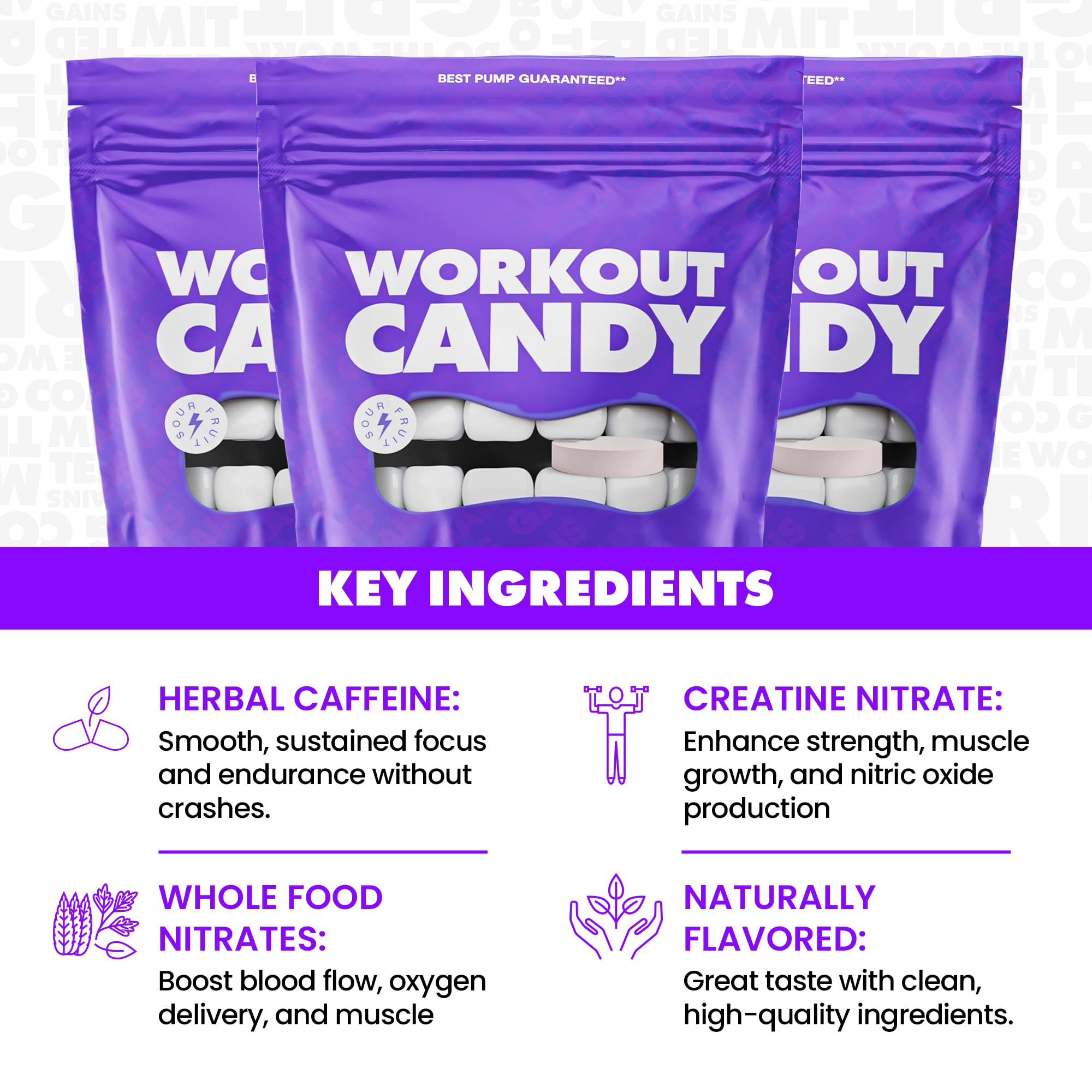GAINS IN BULK Creatine Nitrate Chews close-up emphasizes strength and pump potential