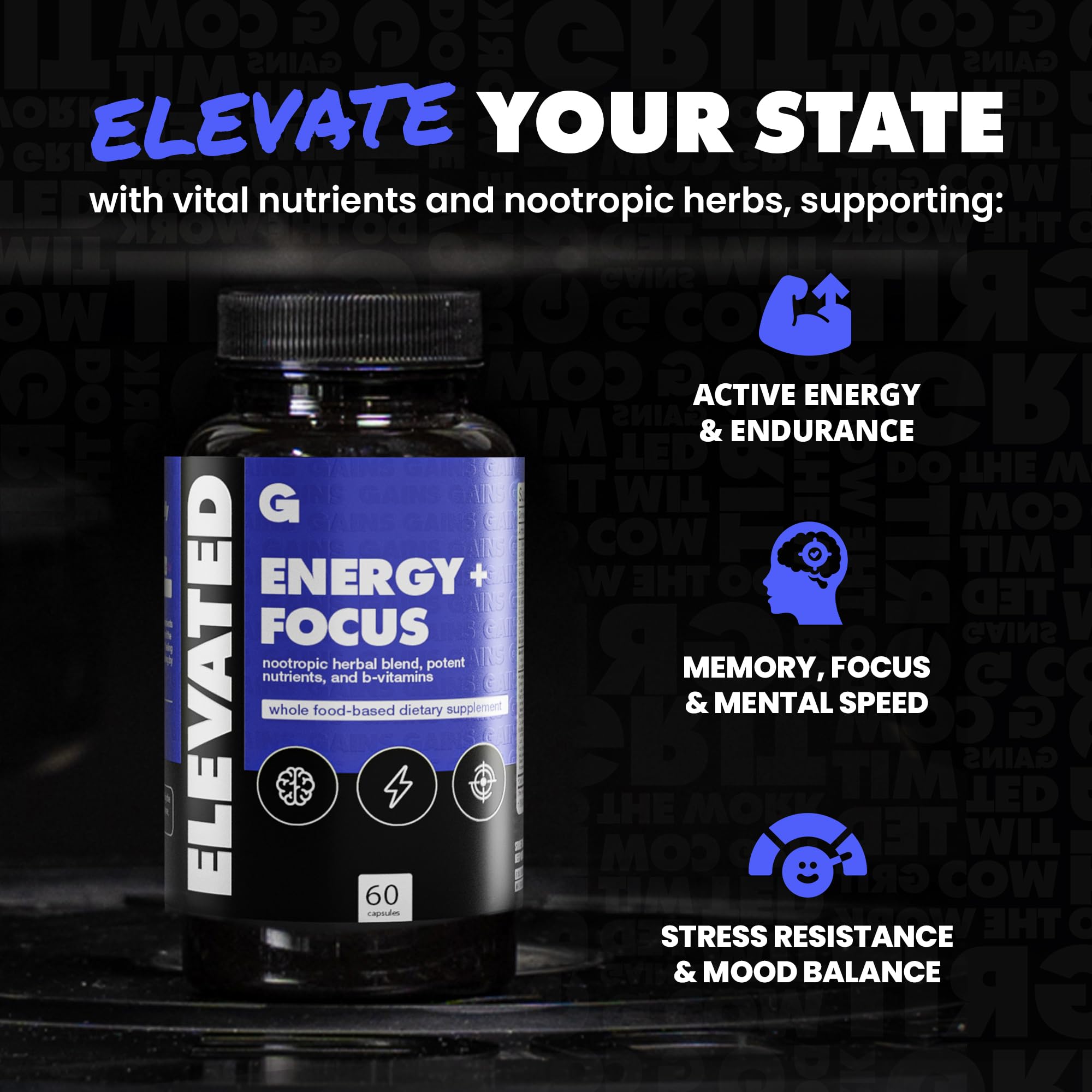 GAINS IN BULK Elevated Nootropic label close-up highlights vegan, gluten-free formula