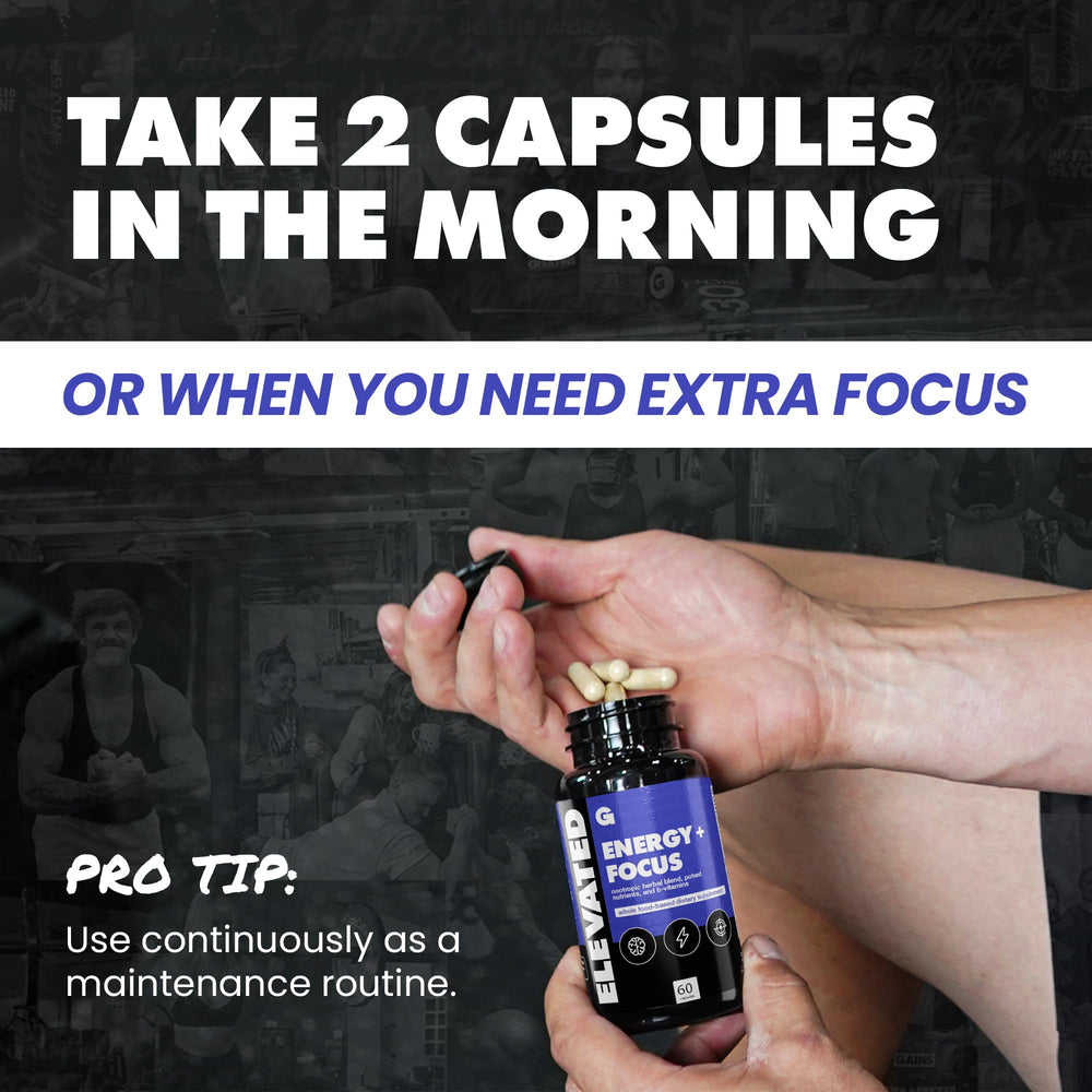 GAINS IN BULK Elevated Nootropic bottle on desk emphasizes hydration and stamina